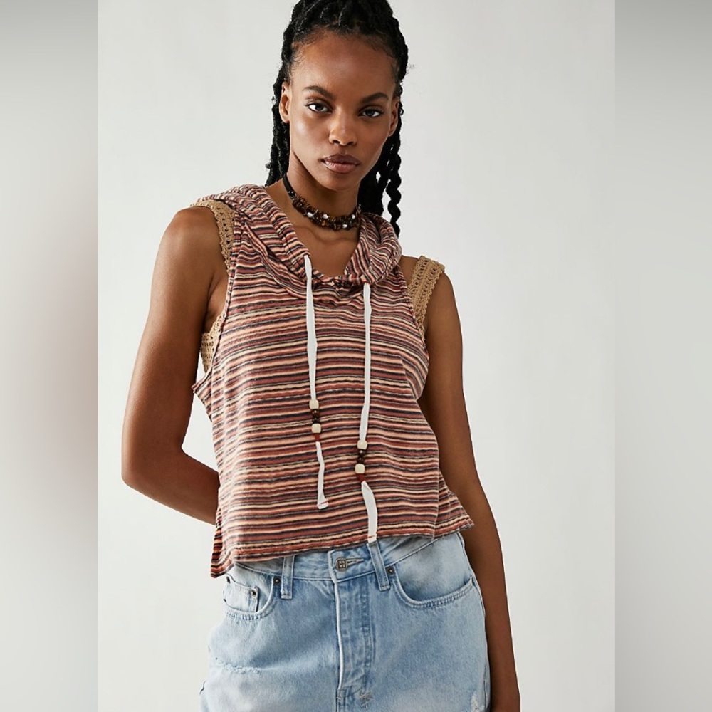 NWOT Free People On Fire Hoodie Tank - Canyon Stripes, XS Racerback Crop Beaded